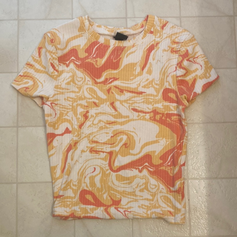 Wild Fable girls pink orange and white swirl u neck shirt